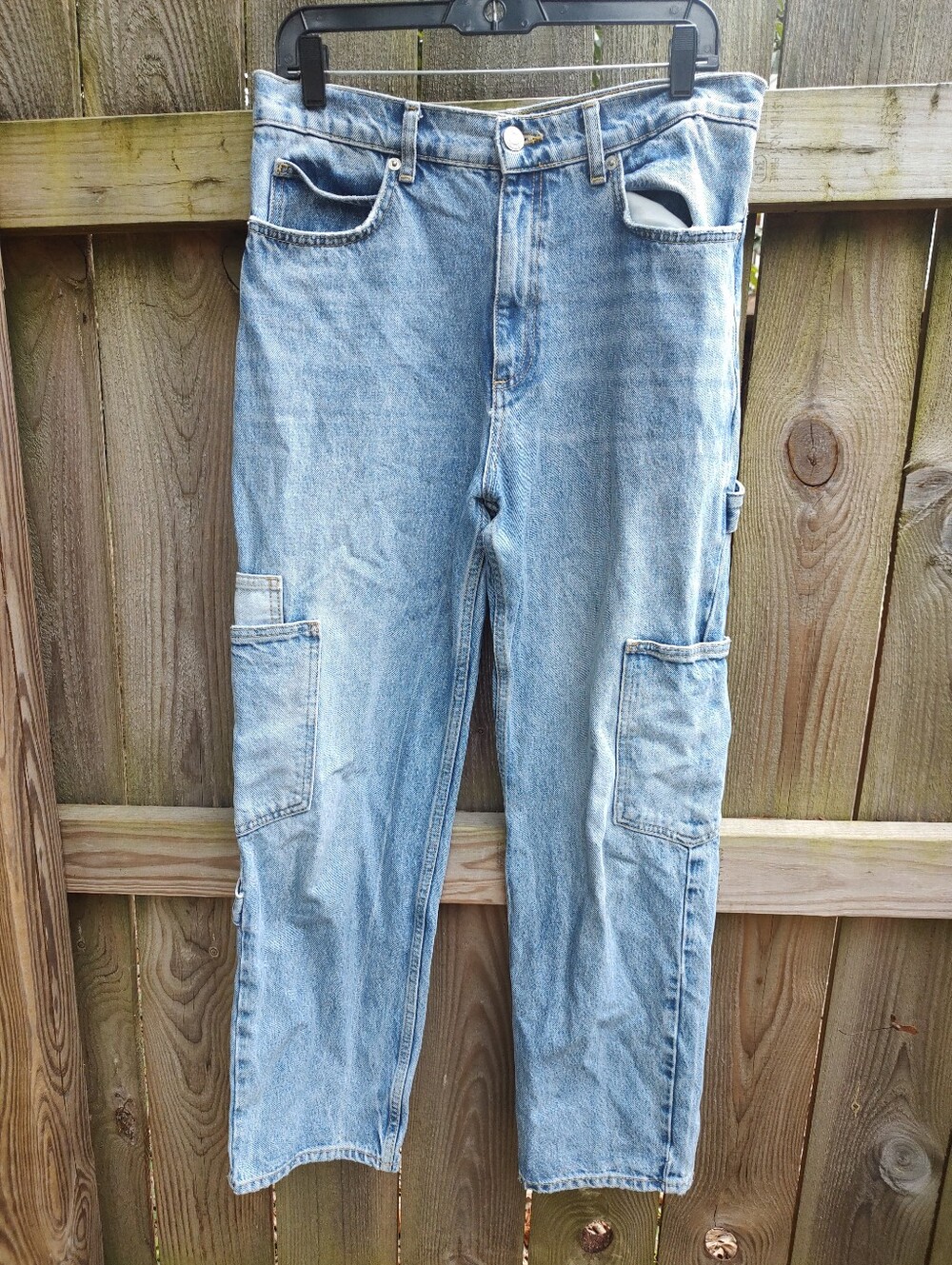 🏵️ Zara High Rise Carpenter Cargo Jeans Womens 8 Light Wash Y2K Baggy Denim